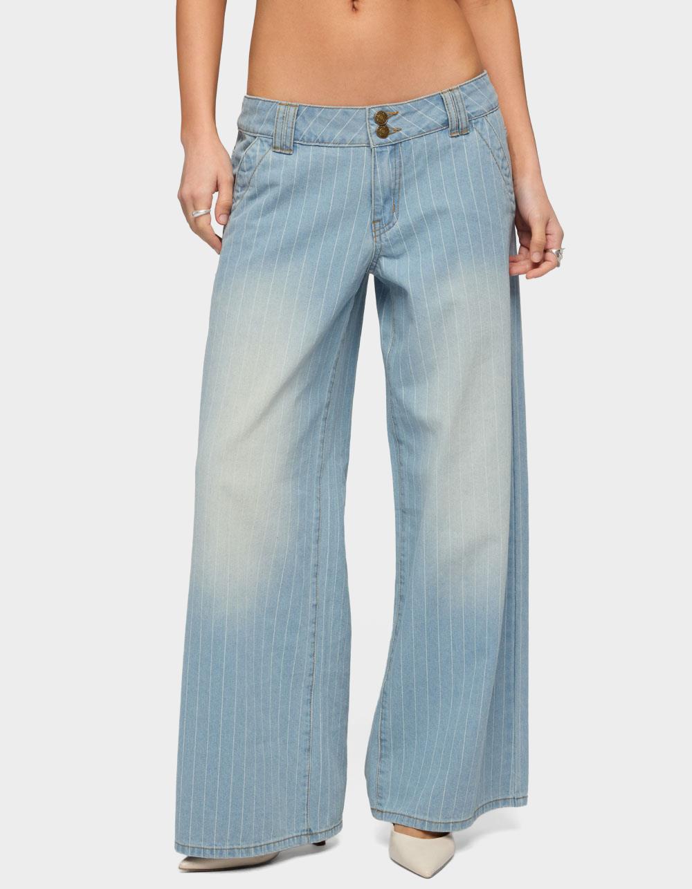 EDIKTED Petite Cory Striped Low Rise Baggy Jeans - LIGHT BLUE