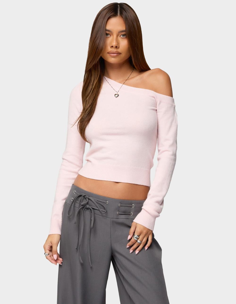 EDIKTED Mayson Off Shoulder Knit Top - LIGHT PINK