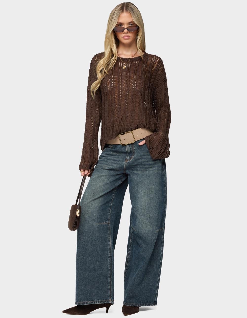 EDIKTED Jaide Sheer Ladder Knit Sweater - BROWN