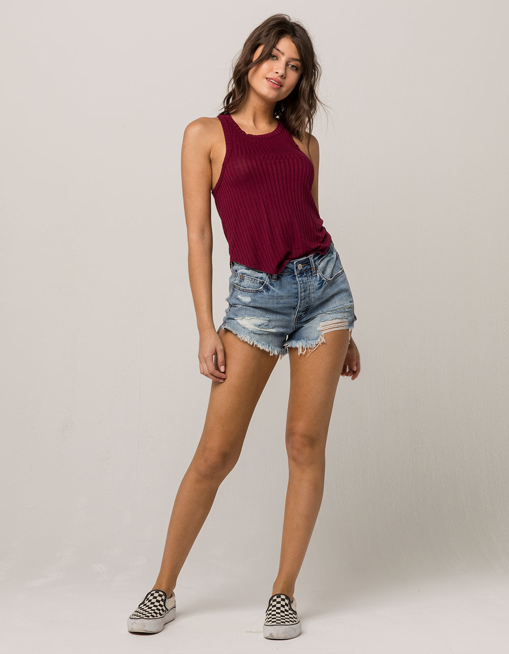 BOZZOLO Rib High Neck Wine Womens Tank Top image number 3