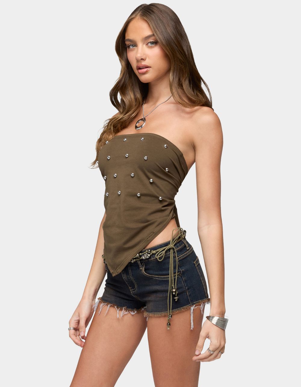 EDIKTED Studded Backless Handkerchief Top - DK GREEN