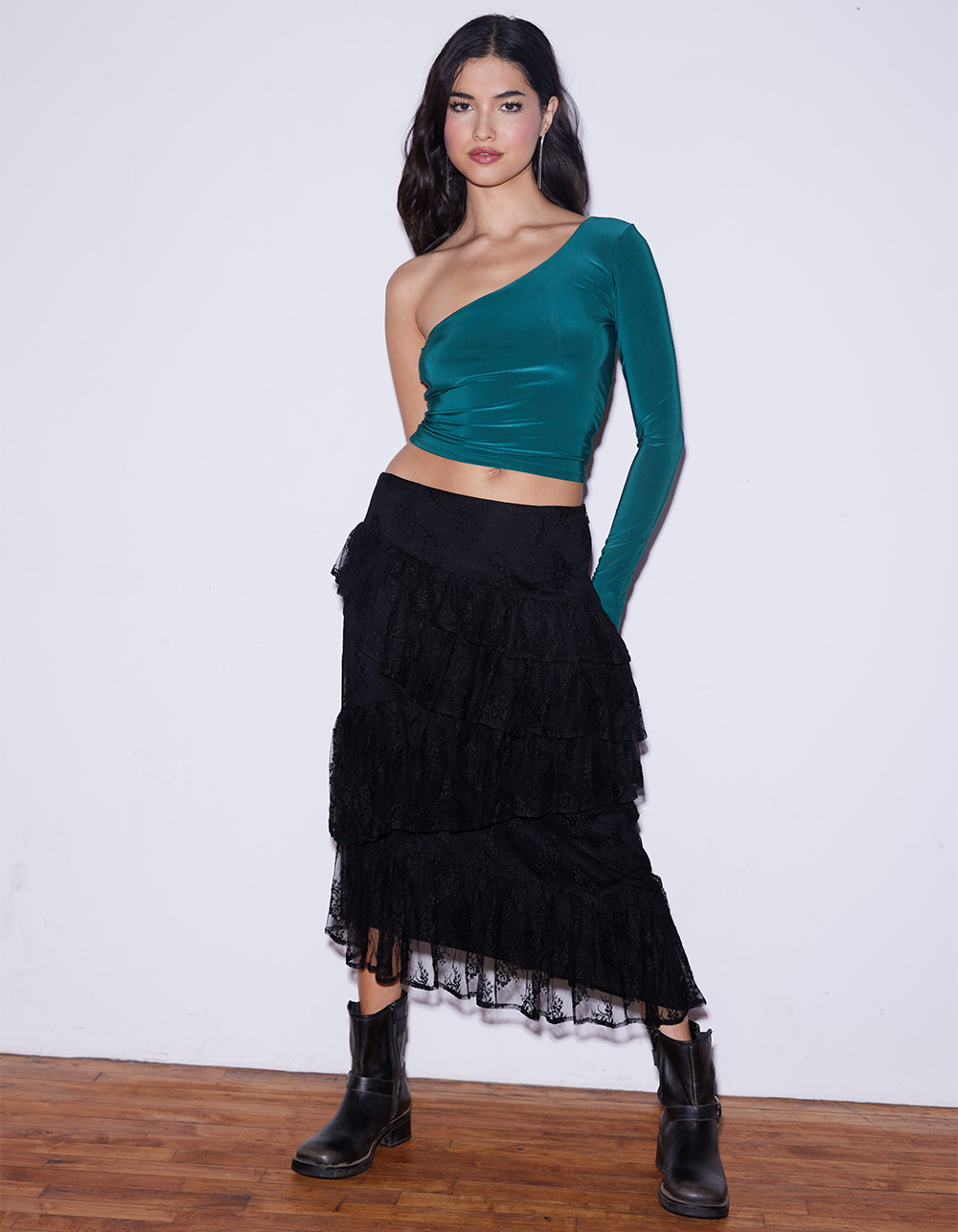 WEST OF MELROSE One Shoulder Womens Long Sleeve Top - GREEN
