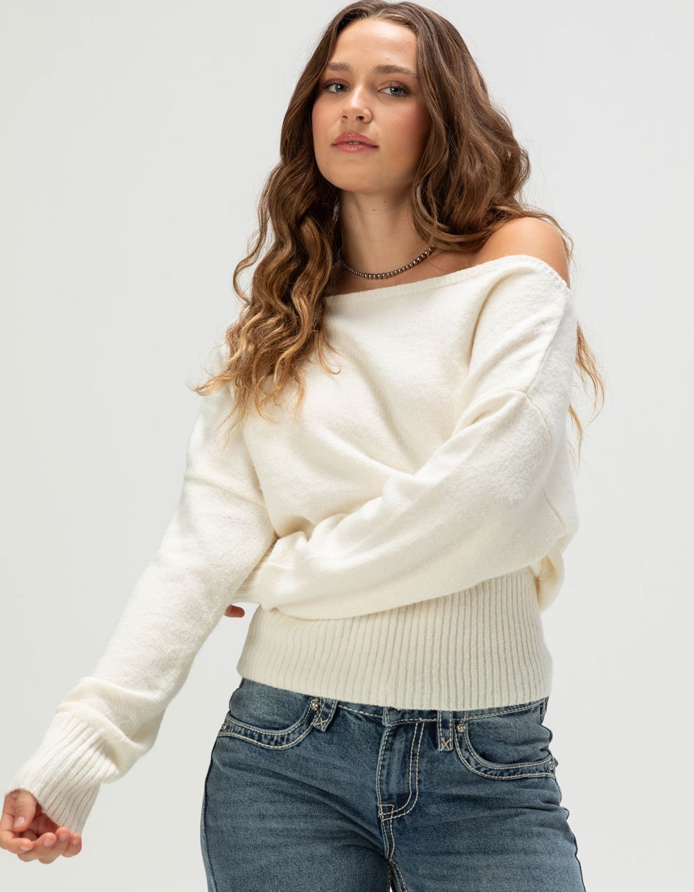 RSQ Womens High Rib Off The Shoulder Sweater - CREAM