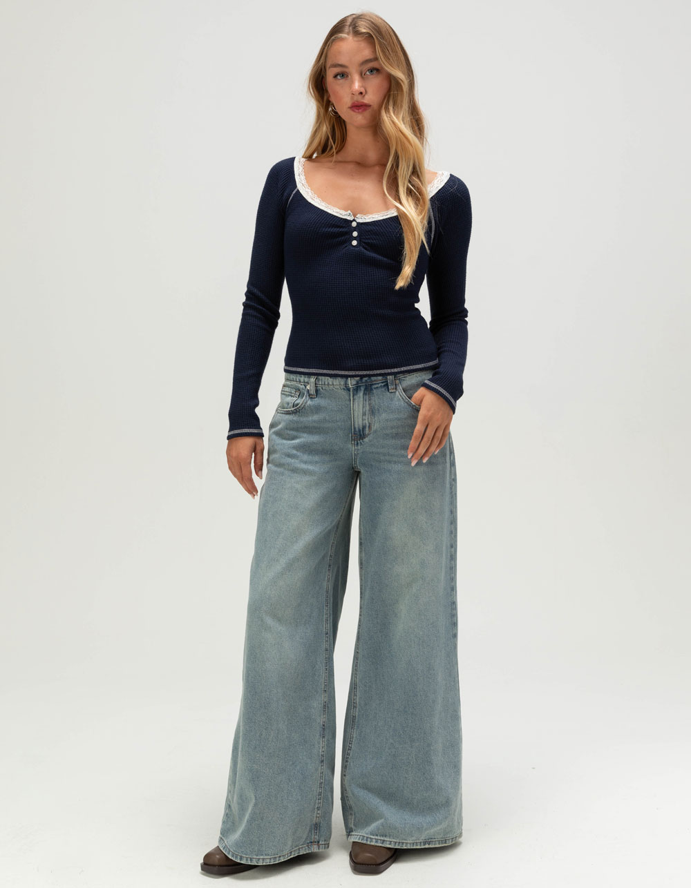 RSQ Womens Lace Trim Long Sleeve Henley Top - NAVY