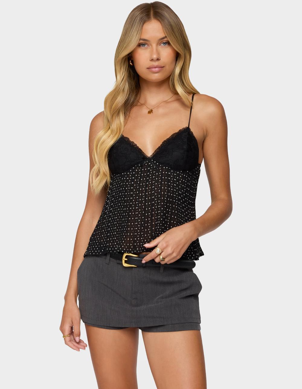 EDIKTED Rhian Lacey Pleated Babydoll Top - BLACK