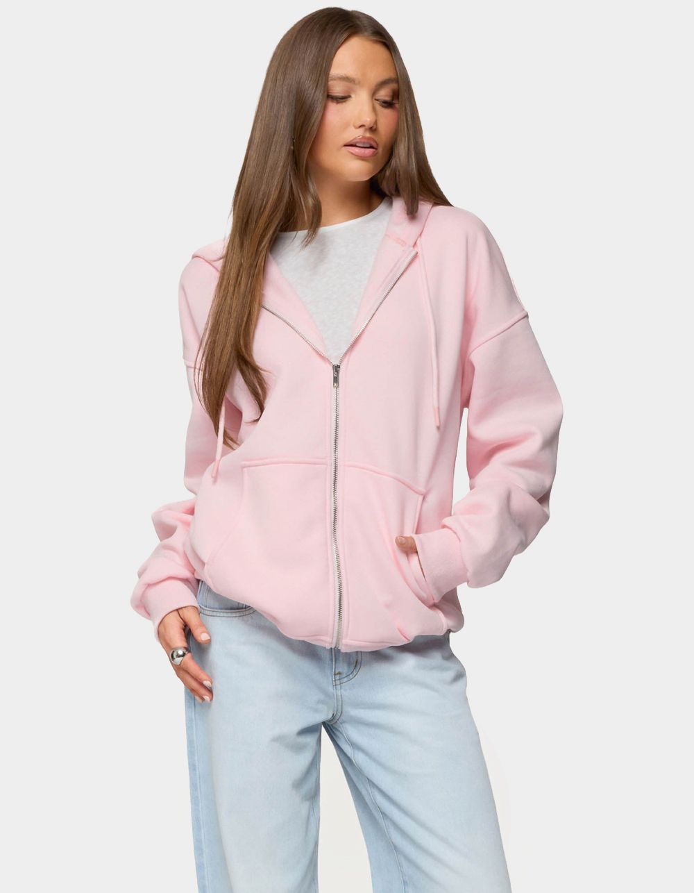 EDIKTED Rocia Oversized Zip Up Hoodie - LIGHT PINK