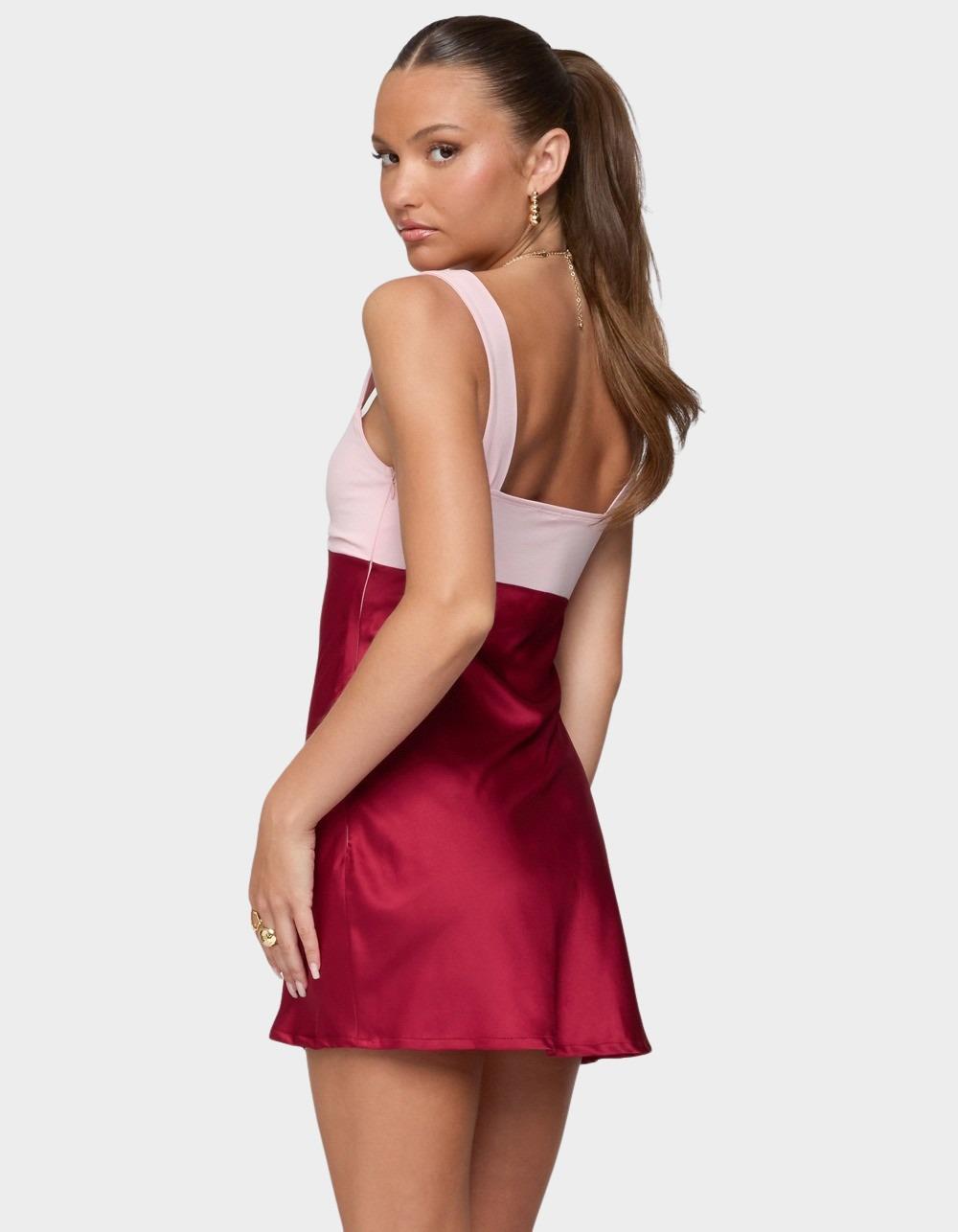 EDIKTED Contrast Satin Effect Mini Dress - DK RED