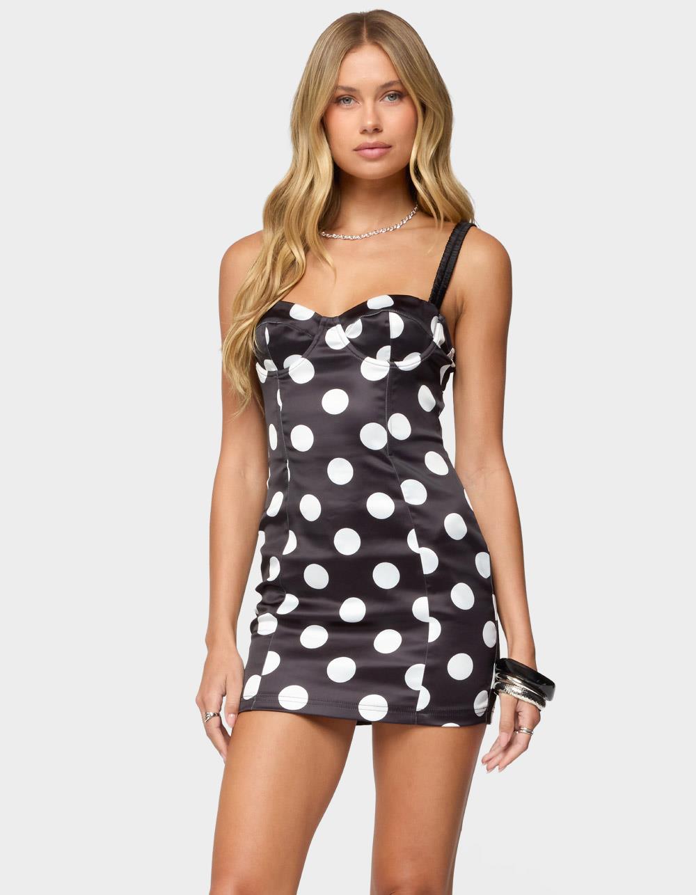 EDIKTED Polka Dot Cupped Satin Effect Mini Dress - BLACK