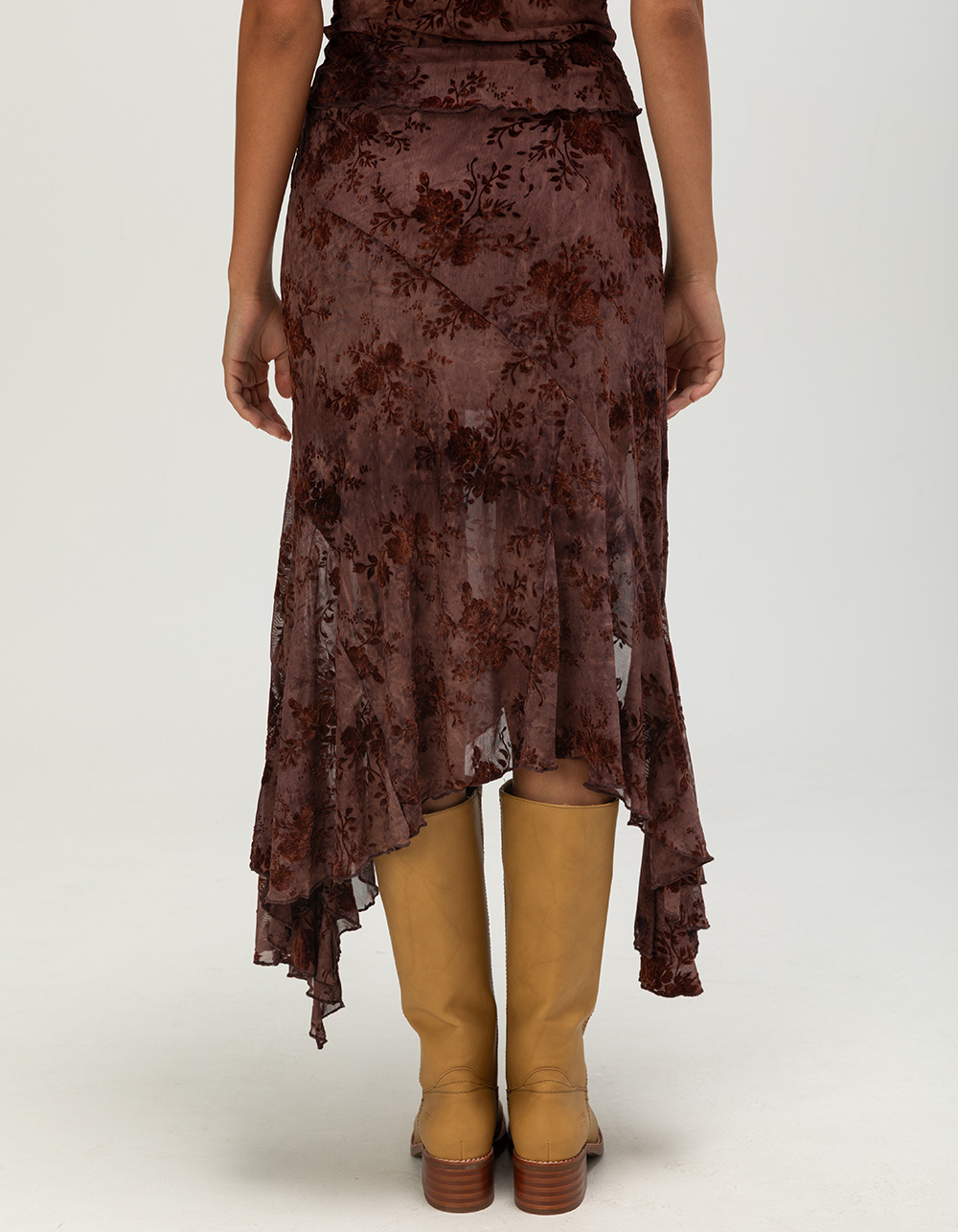 NECTAR CLOTHING Womens Flocked Midi Skirt - BURGUNDY