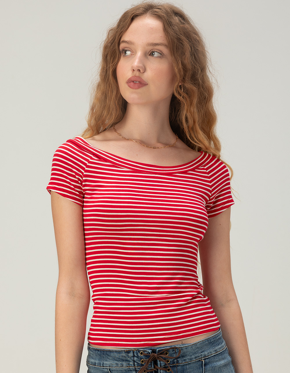 TILLYS Womens Open Neck Stripe Tee - RED COMBO