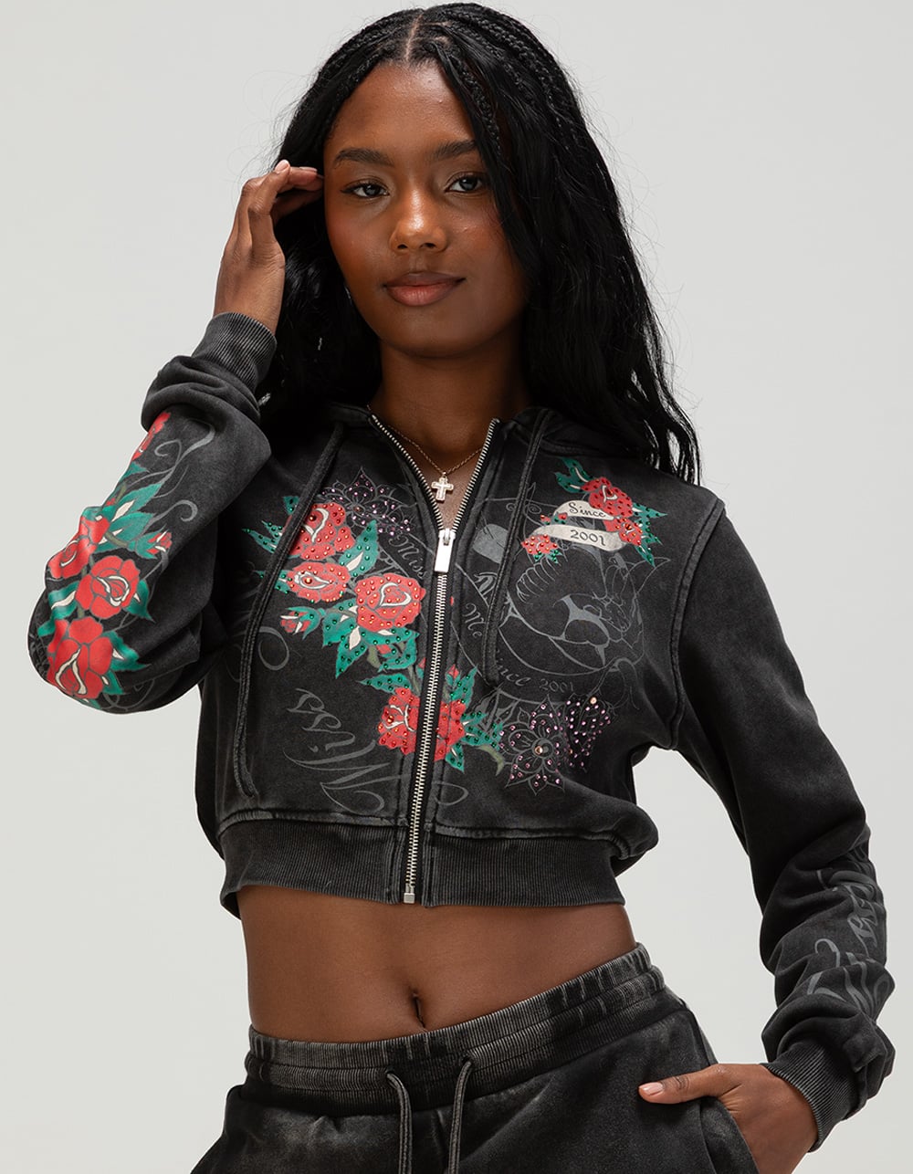 MISS ME Tattoo Womens Crop Zip-Up Rhinestone Hoodie - WASHED BLACK