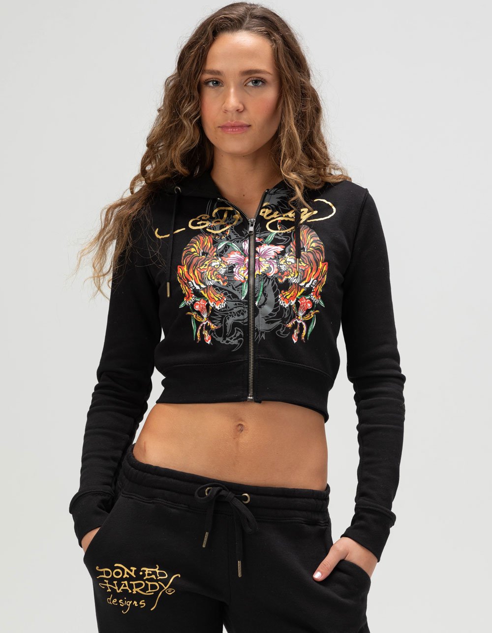 ED HARDY Tigers Womens Crop Zip-Up Hoodie - BLACK