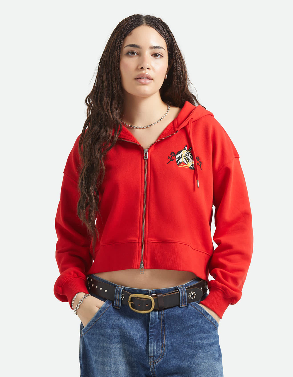 BRIXTON Trophy Horse Womens Cropped Zip-Up Hoodie - RED