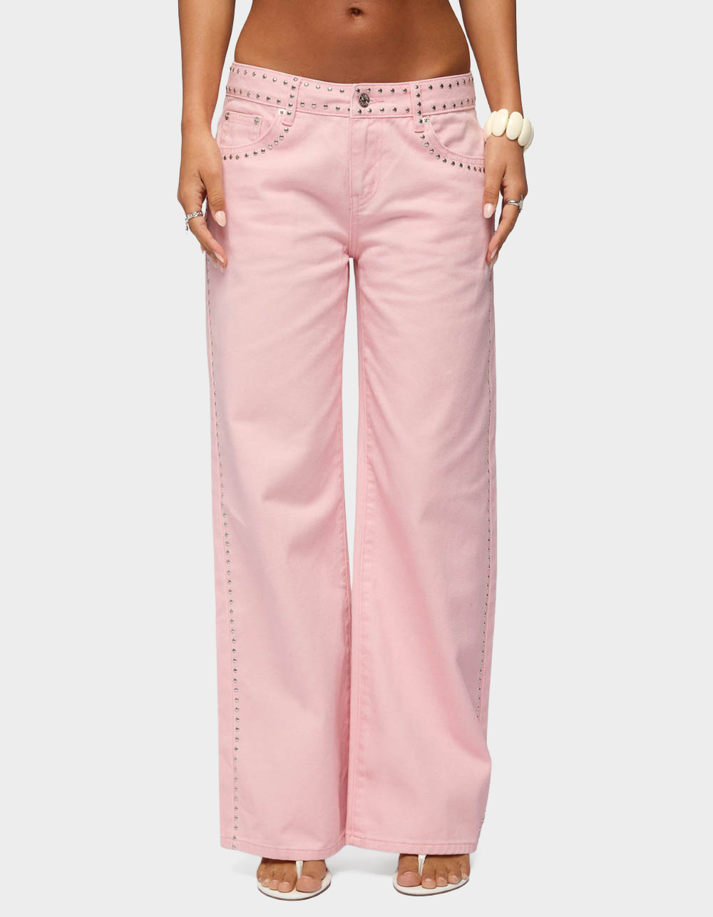 EDIKTED Quincy Studded Low Rise Baggy Jeans - LIGHT PINK