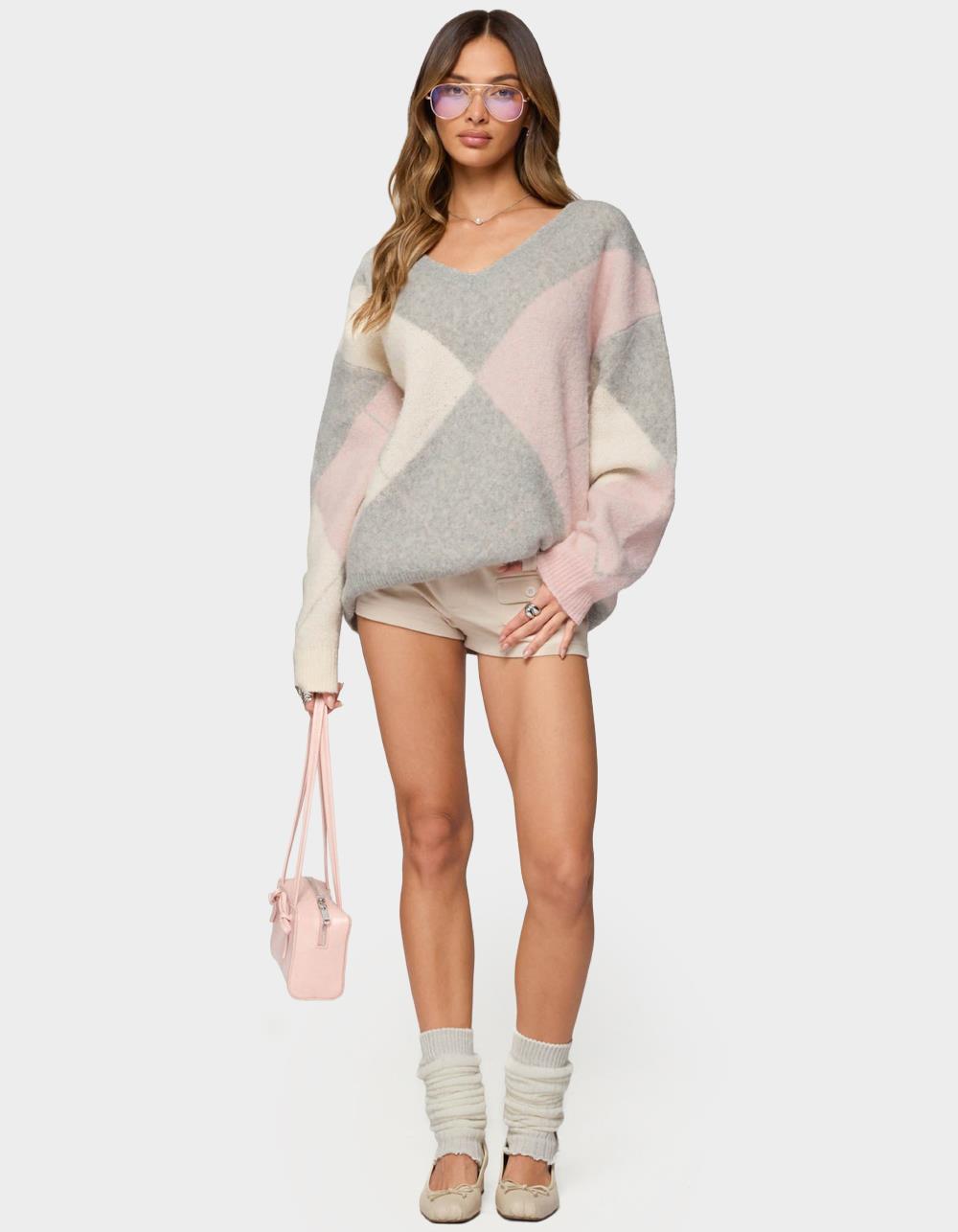 EDIKTED Elda Oversized Argyle Sweater - LIGHT GRAY