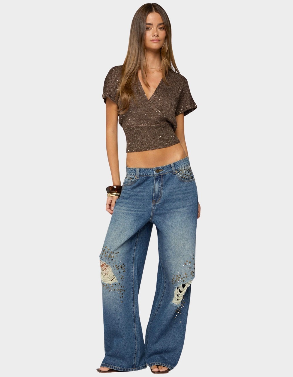 EDIKTED Eunia Studded Low Rise Baggy Jeans - LIGHT BLUE