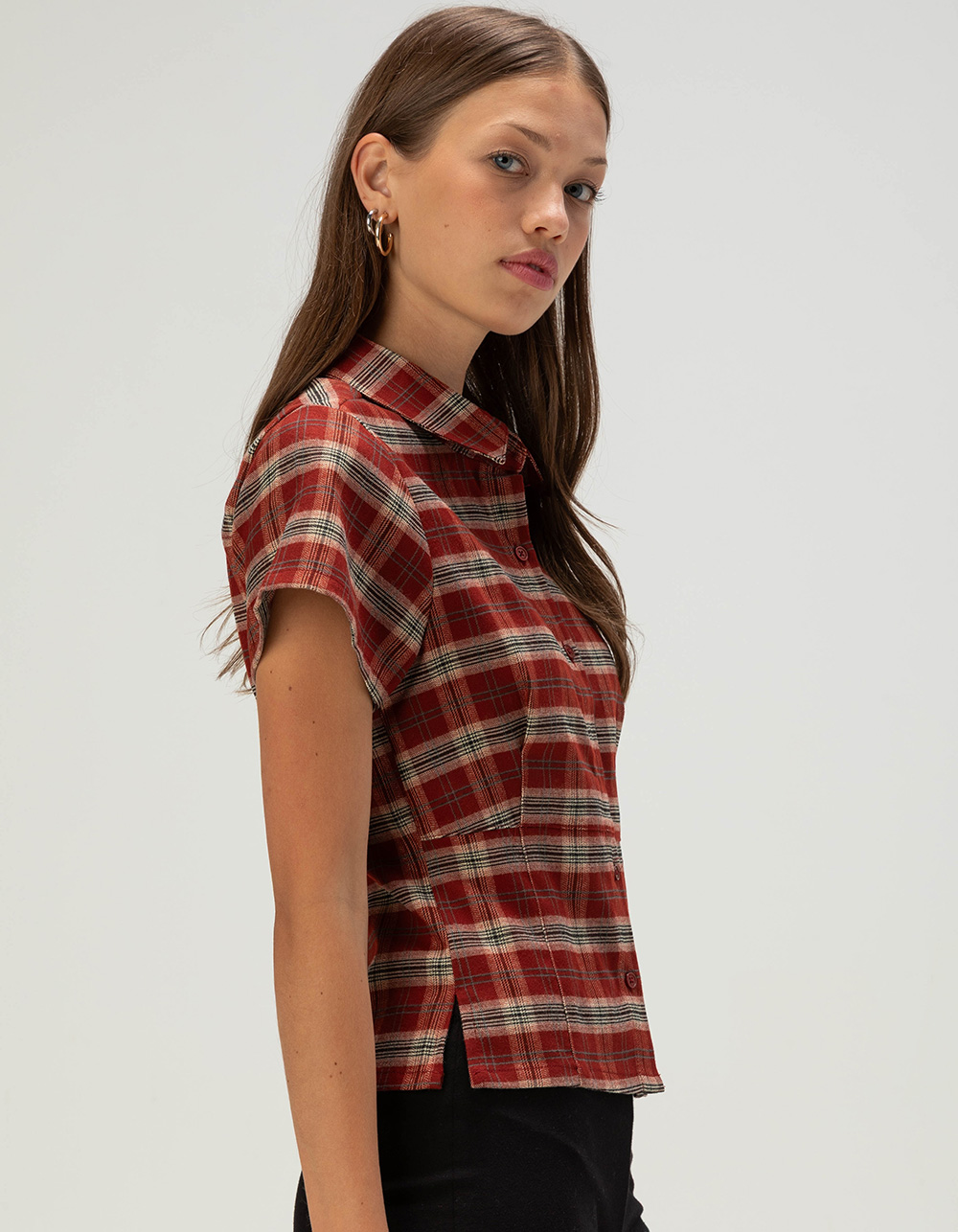 DICKIES Plaid Womens Button Up Shirt - RED COMBO