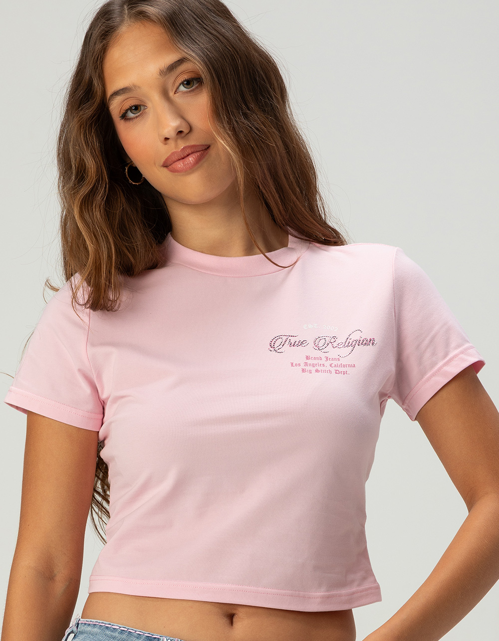 TRUE RELIGION Crystal Buddha Womens Baby Tee - PINK