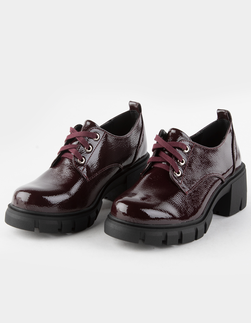 Black Burgundy Lace Up Glossy Patent Leather Loafers Flats Dress