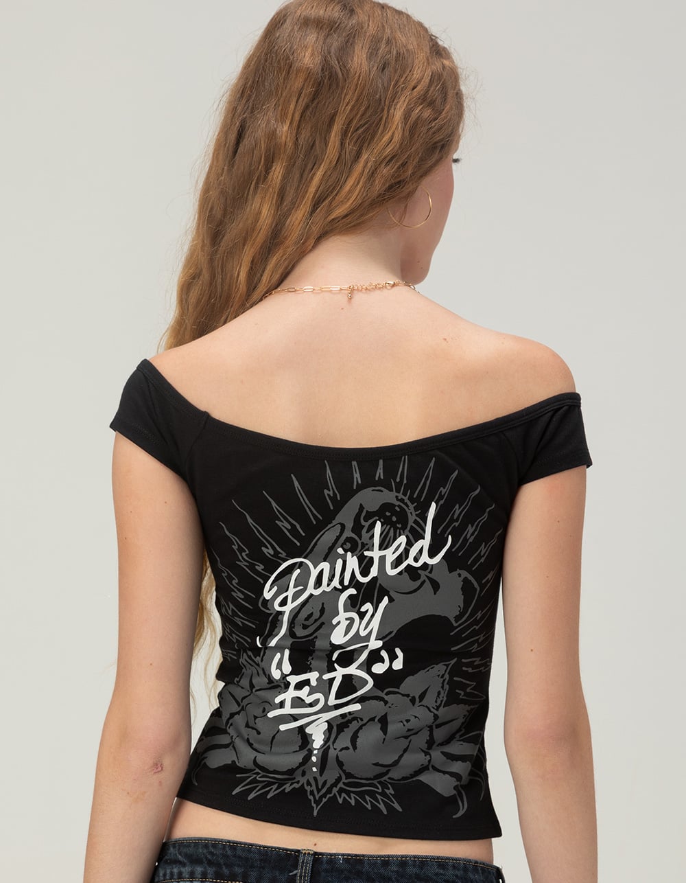 ED HARDY Leopard Panther Womens Off The Shoulder Top - BLACK