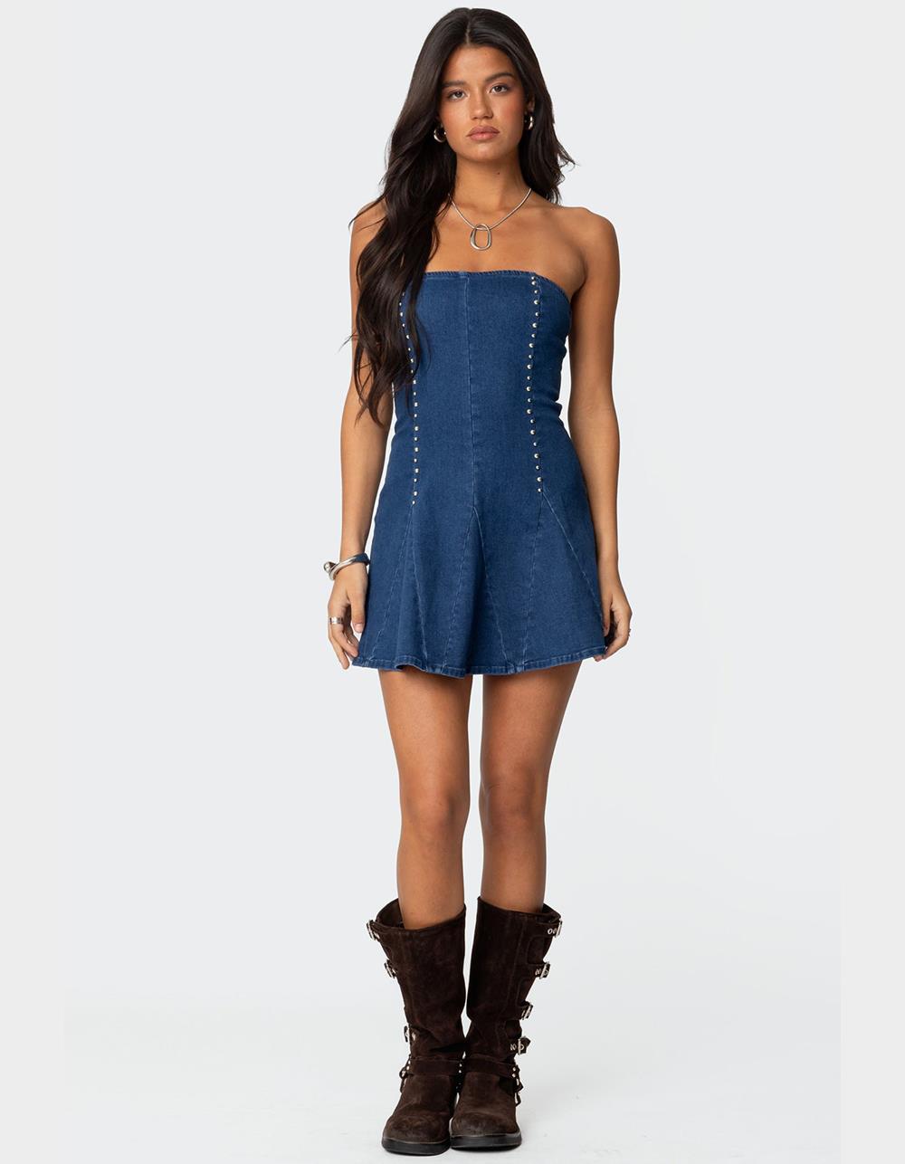 EDIKTED Fara Strapless Denim Mini Dress - BLUE