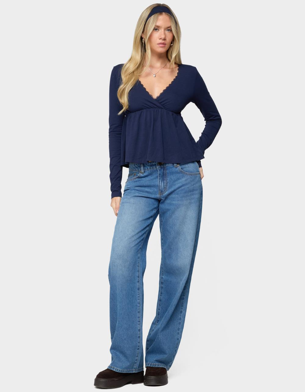 EDIKTED Kenzie Long Sleeve Babydoll Top - NAVY