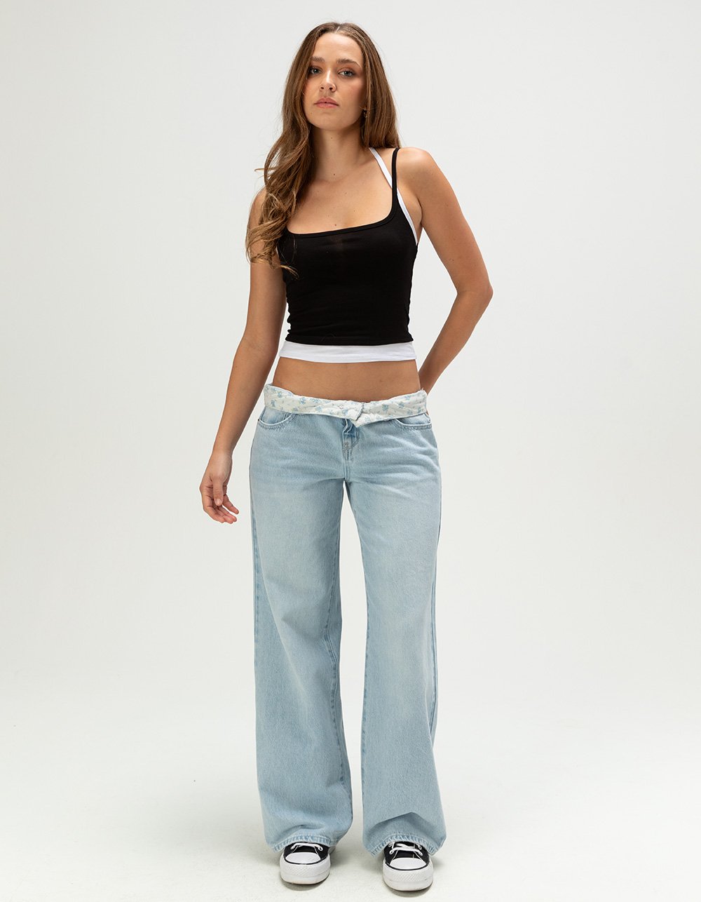 RSQ Womens Fold Over Waistband Baggy Jeans - LIGHT WASH