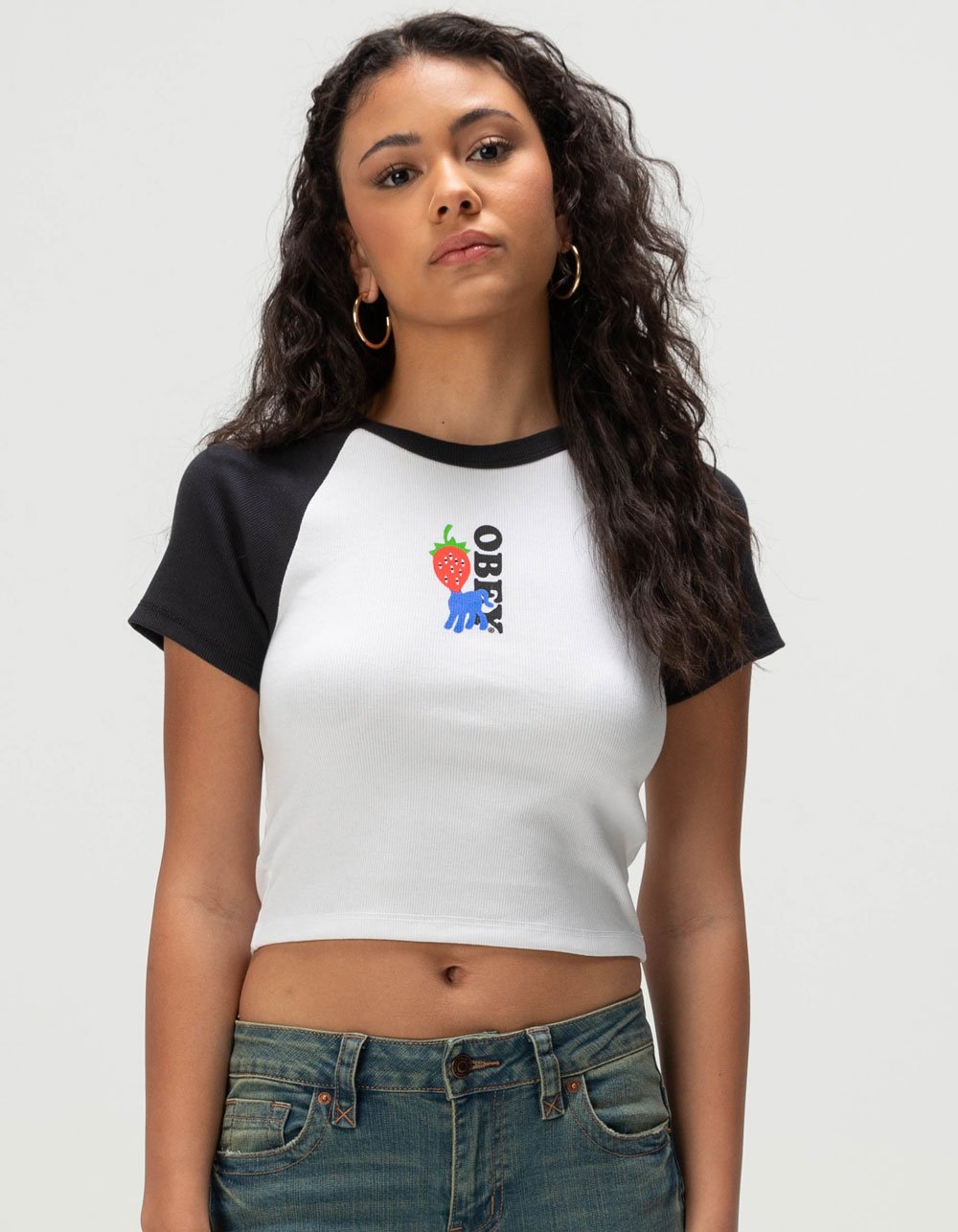 OBEY Strawberry Eyes Womens Raglan Baby Tee - WHT/BLK
