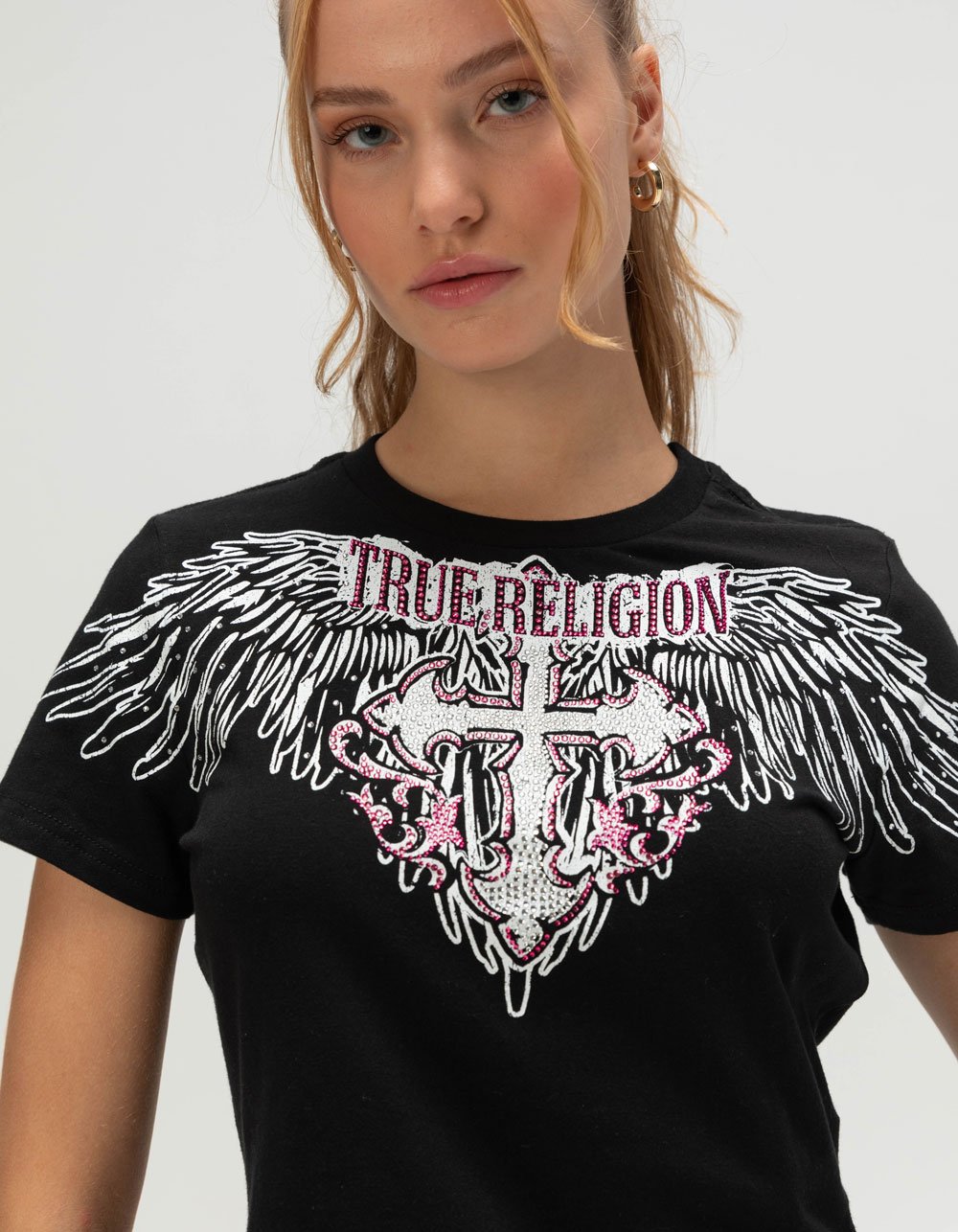 TRUE RELIGION Crystal Wing Womens Baby Tee - BLACK