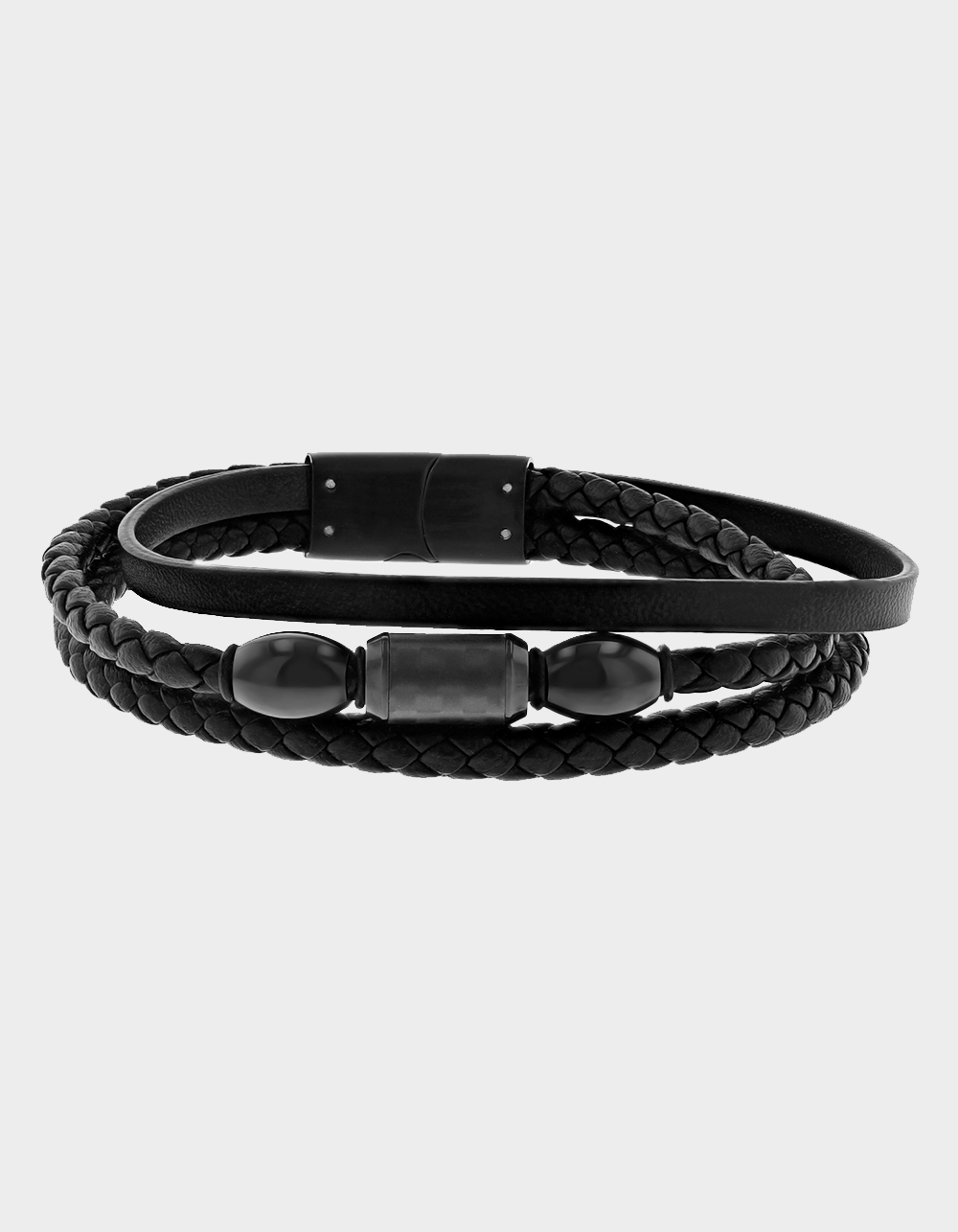 STEEL NATION Stainless Steel With Black IP Faux Leather Trio Bracelet - BLACK