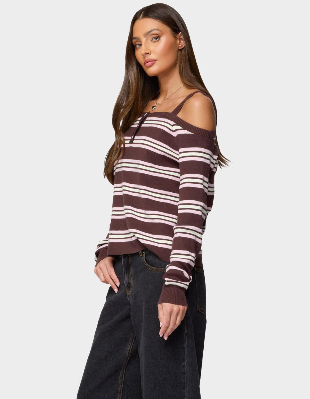 EDIKTED Shyla Off Shoulder Striped Knit Top - BROWN