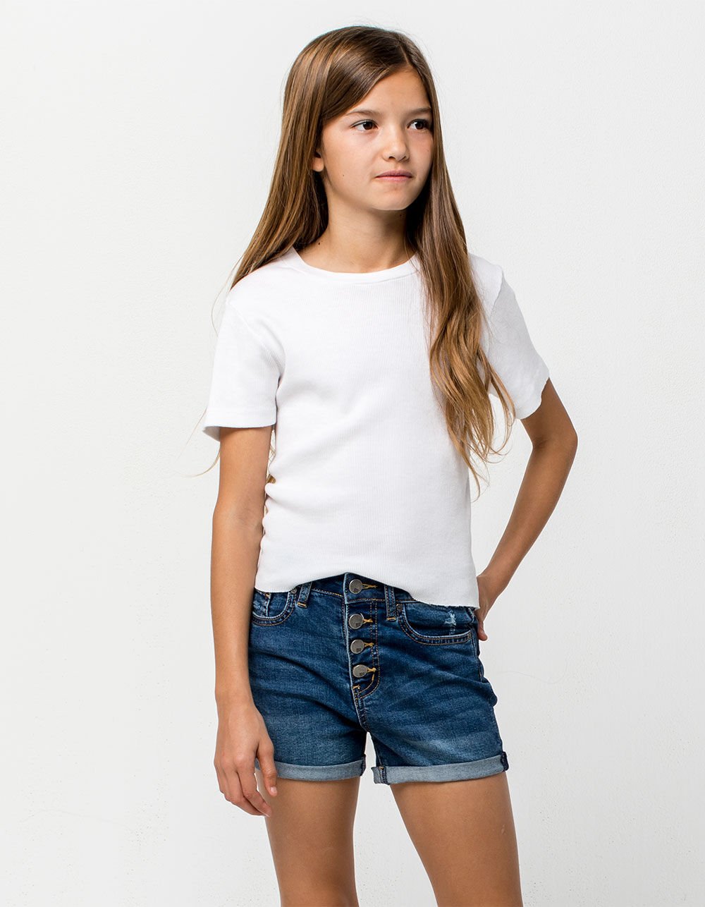 RSQ Sunset High Rise Exposed Button Dark Wash Girls Denim Shorts DARK