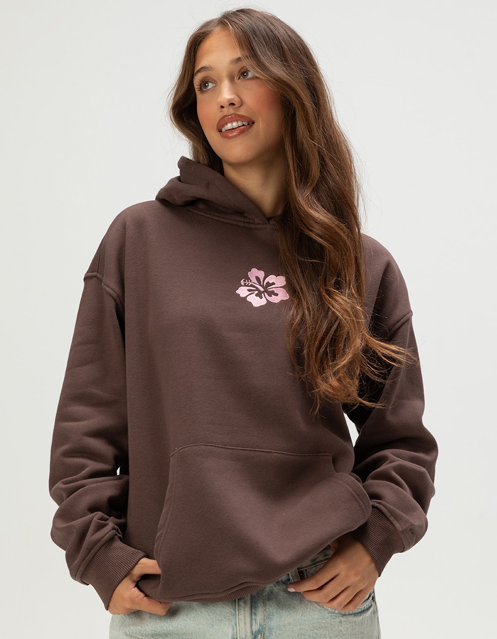 FULL TILT Embroidered Hibiscus Womens Hoodie - BROWN