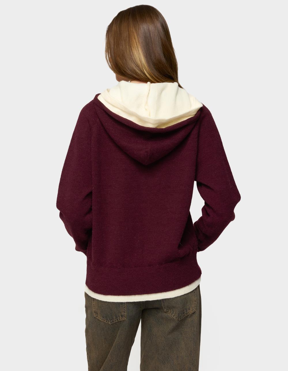 Edikted Varsity Contrast Layered Knit Hoodie - DK RED