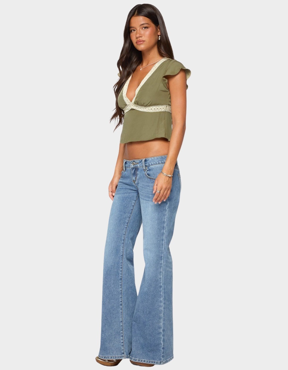 EDIKTED Kaela Lacey Flutter Sleeve Top - DK GREEN