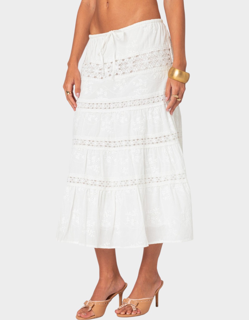 EDIKTED Tiered Cotton Lace Midi Skirt - WHITE