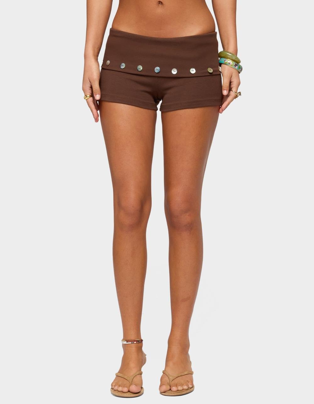 EDIKTED Masha Iridescent Button Foldover Shorts - BROWN