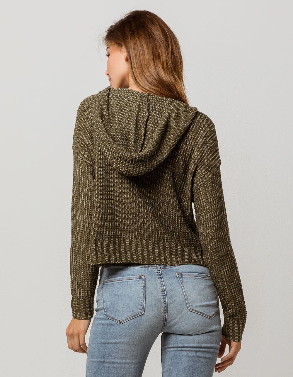 SKY AND SPARROW Crop Olive Womens Hooded Sweater image number 2