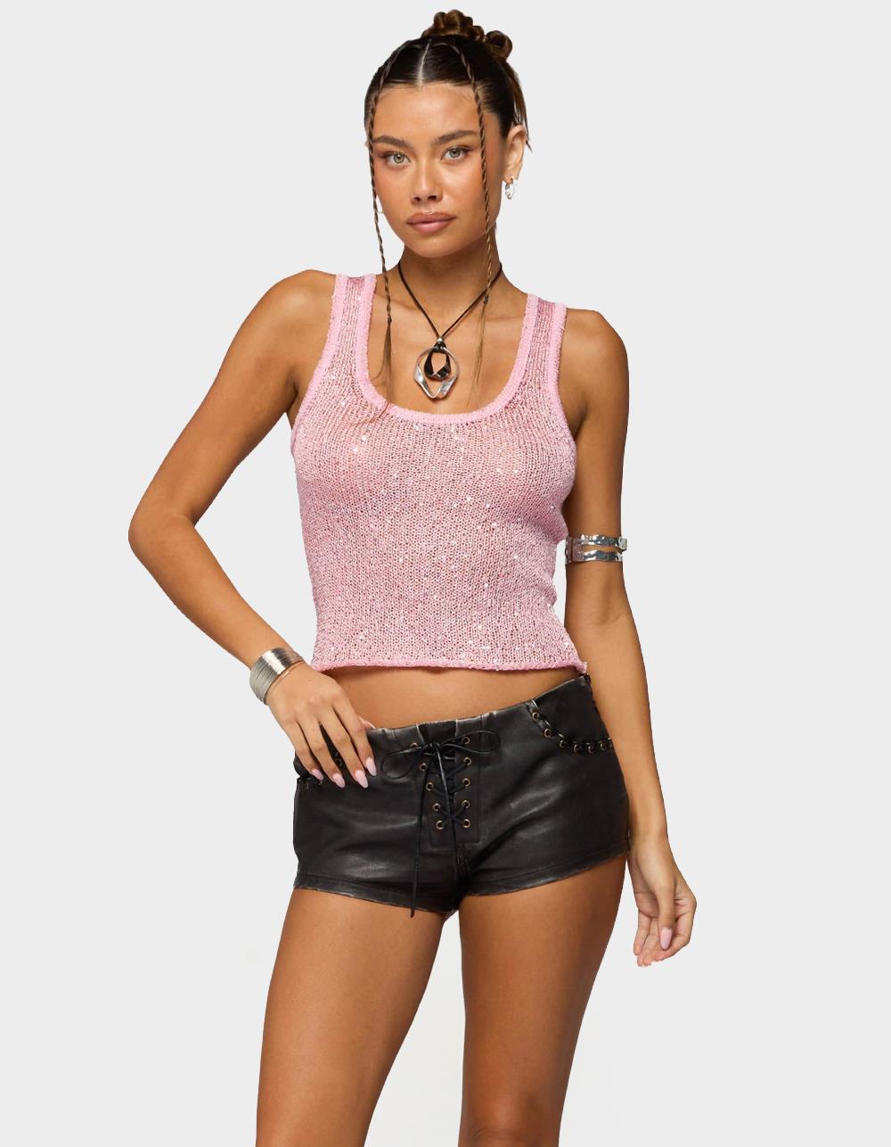 EDIKTED Eleora Sequin Knit Tank Top - PINK