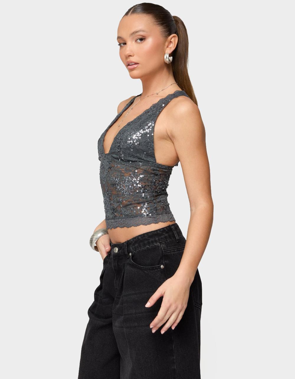 EDIKTED Isabela Sequin Sheer Lace Tank Top - GRAY