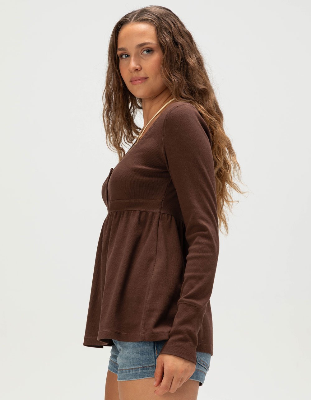 RSQ Womens Long Sleeve Babydoll Top - BROWN