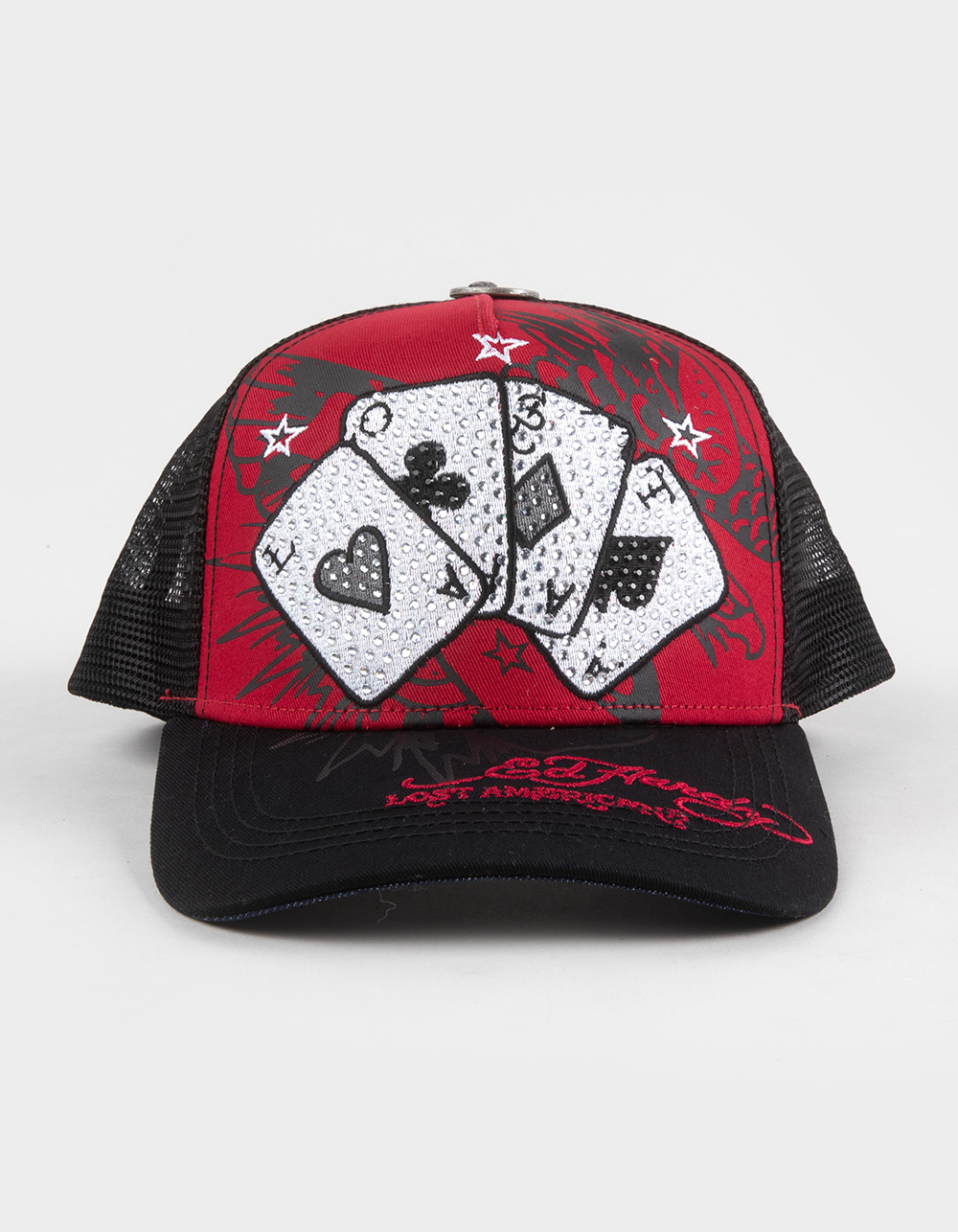 ED HARDY x MGK Cards Rhinestone Trucker Hat - RED COMBO
