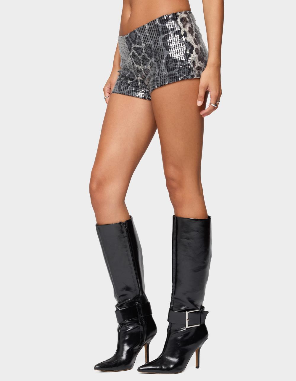 EDIKTED Sequin Leopard Printed Micro Shorts - BLACK
