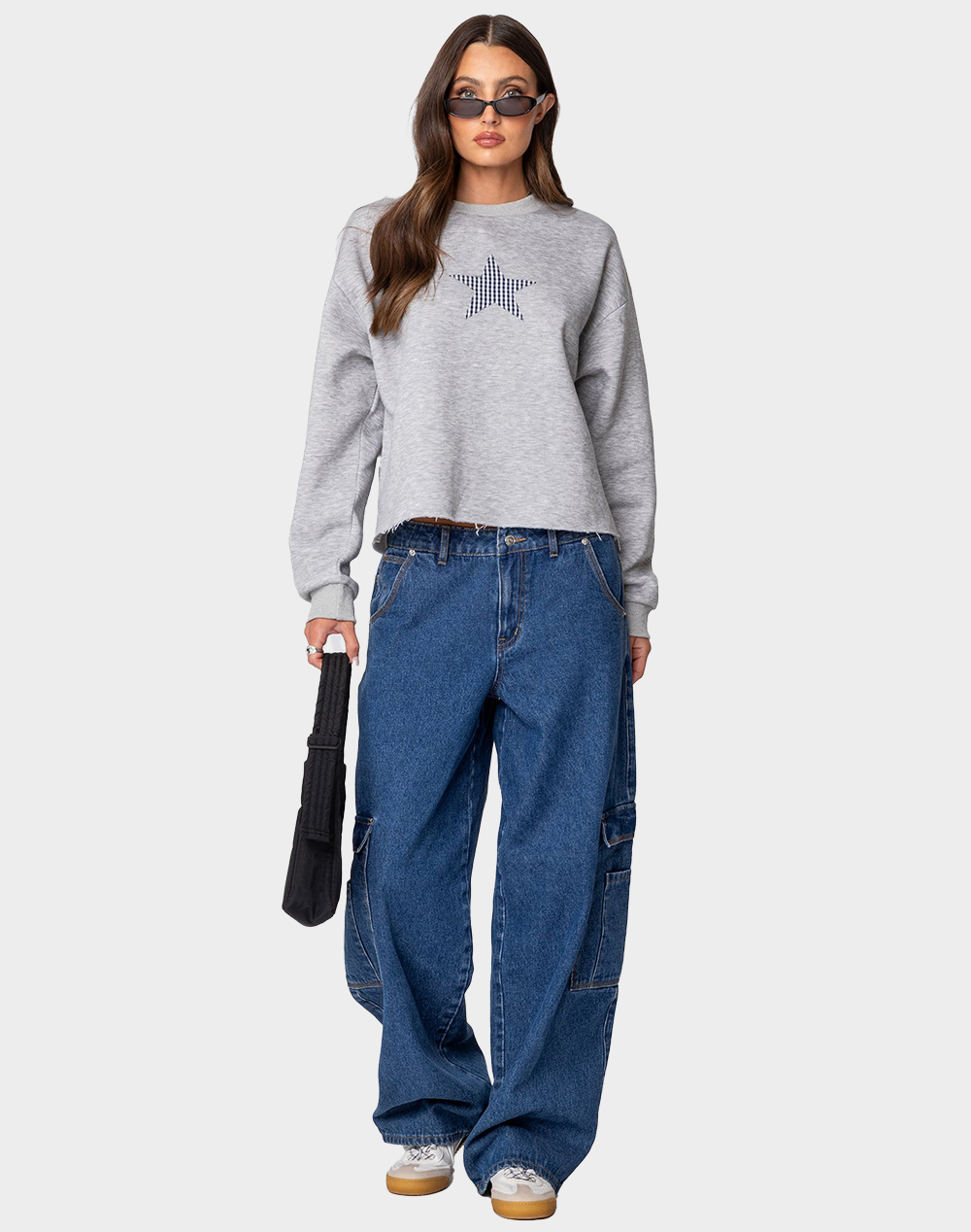EDIKTED Gingham Star Sweatshirt - GRAY