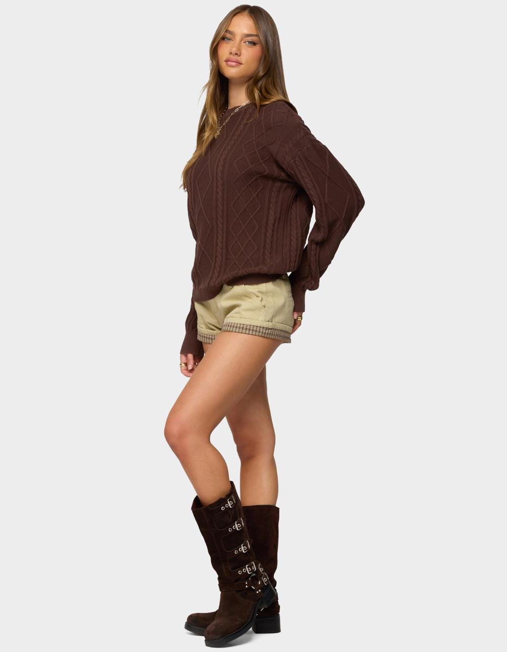 EDIKTED Jessy Cable Knit Oversized Sweater - BROWN