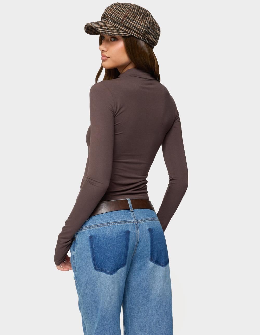 EDIKTED Binta Mock Neck Long Sleeve Top - BROWN