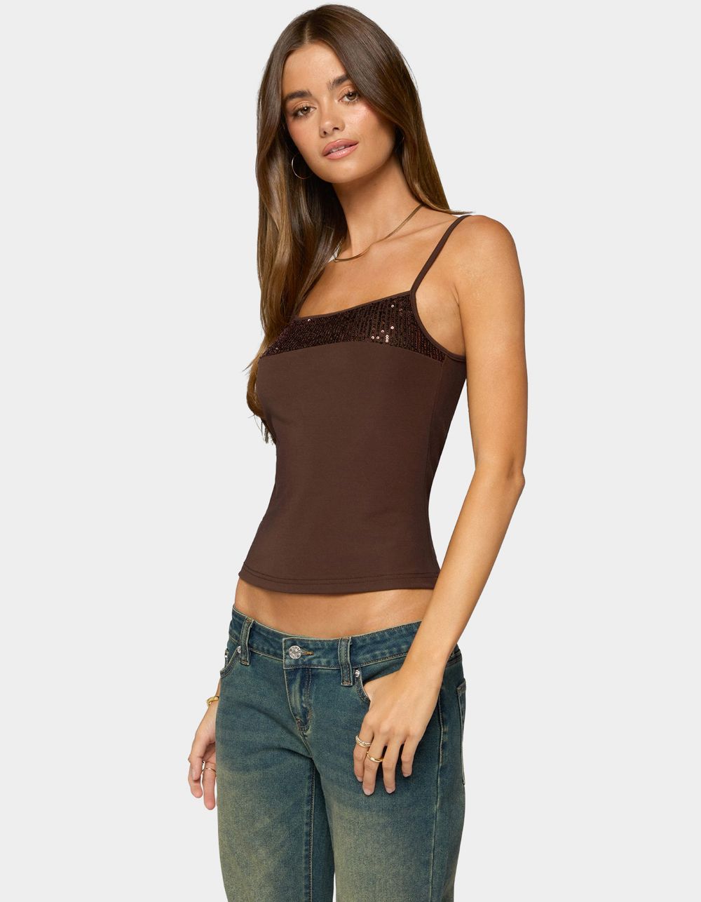 EDIKTED Shakked Sequin Tank Top - BROWN