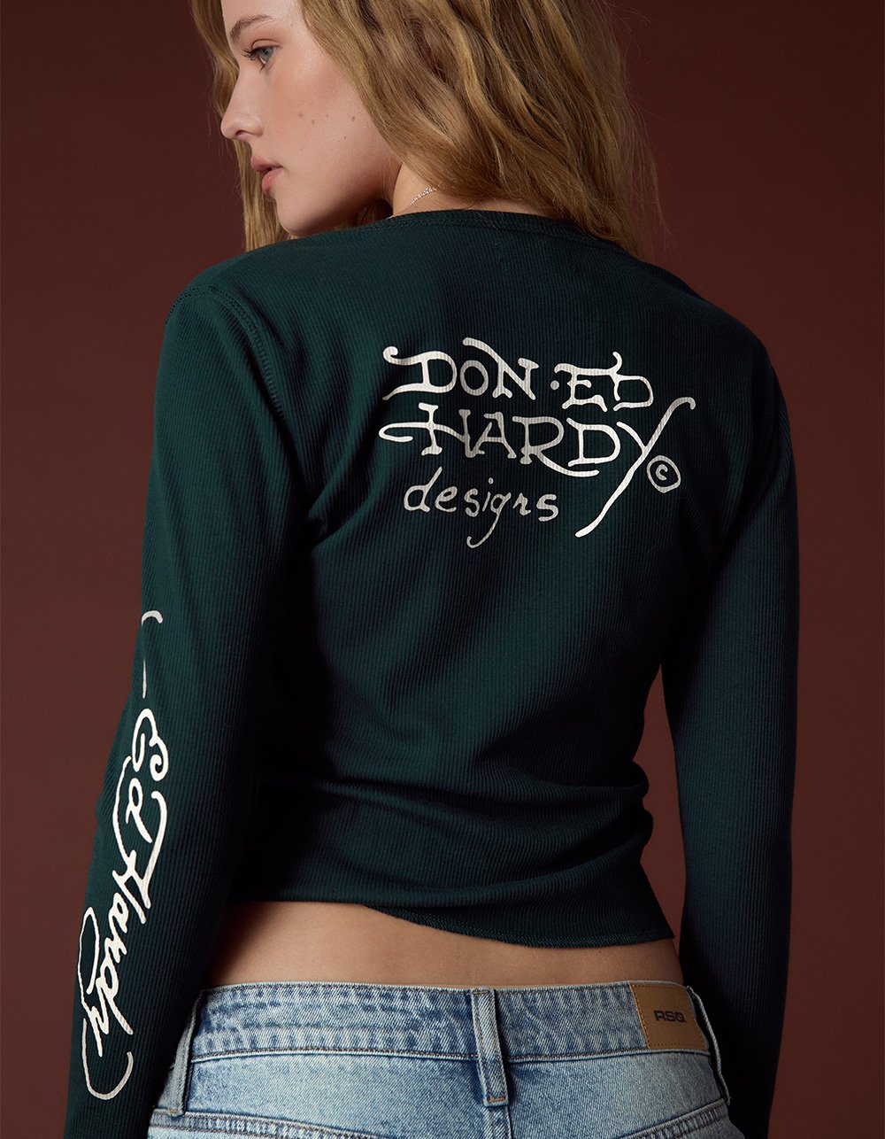 ED HARDY Tiger Panther Womens Long Sleeve Rib Tee - HUNTER