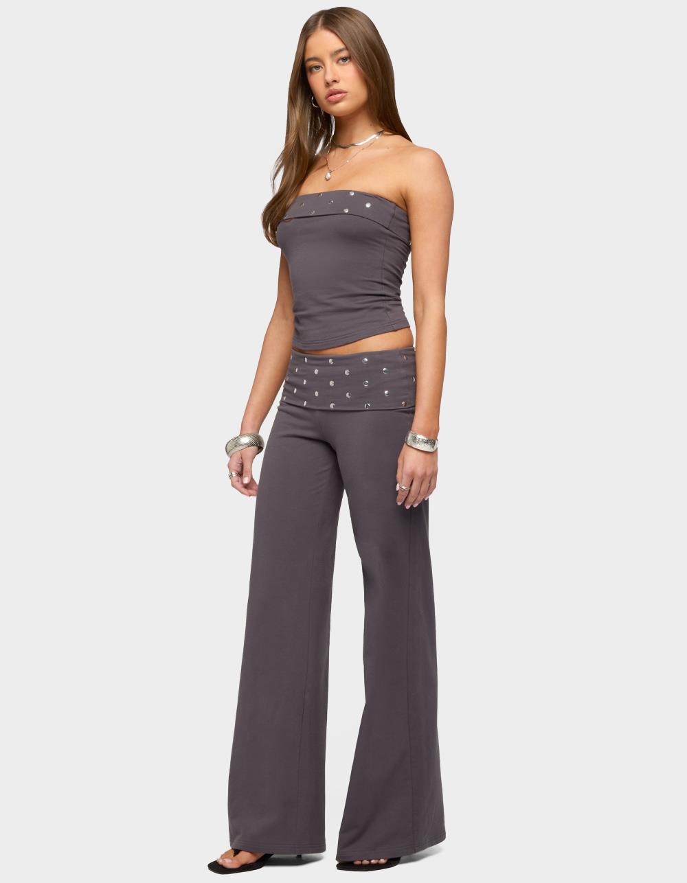 EDIKTED Breanna Studded Foldover Wide Leg Pants - GRAY