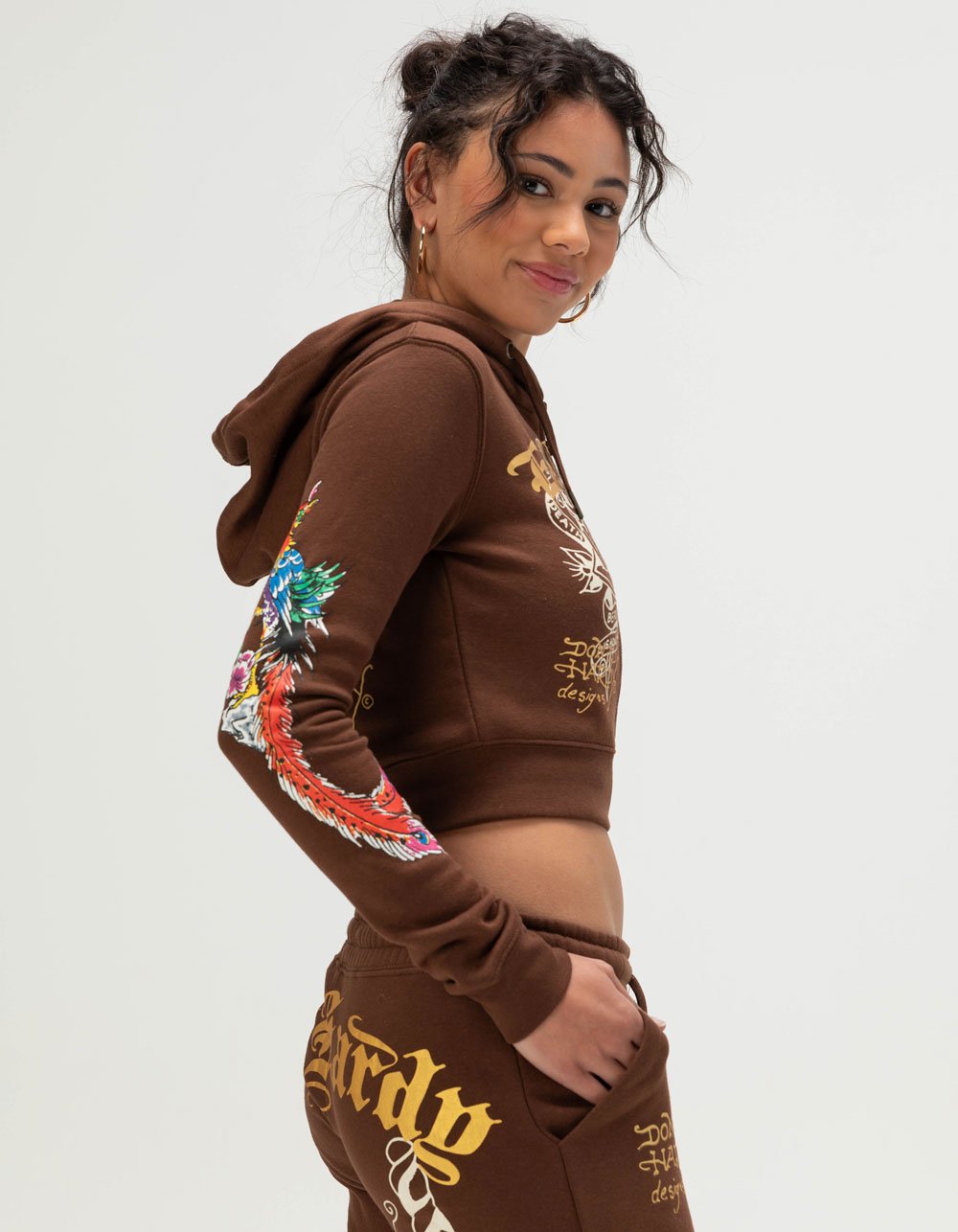 ED HARDY Phoenix Womens Zip-Up Hoodie - BROWN